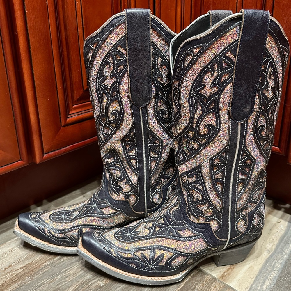 JB Dillon Black Glitter Inlay Sparkle Cowboy Boots Size 7.5 RARE Wedding Cowgirl - Picture 5 of 14